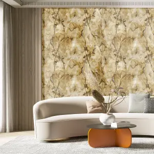 Galerie Stratum Collection Metallic Gold/Grey Marmo Marble Effect Double Width Wallpaper Roll