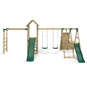 Rebo Wooden Climbing Frame with Swings, 2 Slides, Up & over Climbing wall and Monkey Bars - Pennine