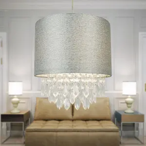 First Choice Lighting Set of 2 Sparkle Grey Faux Silk Jewelled Easy Fit Light Shades