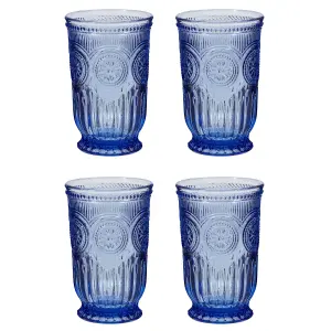 Set of 4 Luxury Embossed Blue Tall Drinking Glass Tumblers 330ml