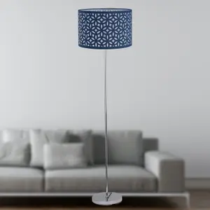 First Choice Lighting Chrome Stick Floor Lamp with Navy Blue Laser Cut Shade