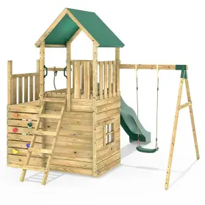 Rebo Modular Wooden Climbing Frame Adventure Playset - M8 plus Ramp & Single Swing