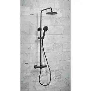 Matt Black Round Overhead Thermostatic Rigid Riser Shower Kit Adjustable Height