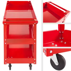 Tool Trolley - with 3 shelves, wheels, push handle - red