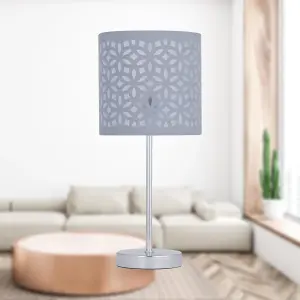 First Choice Lighting Chrome Stick Table Lamp with Grey Laser Cut Shade