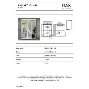 RAK Art Square 500x700mm Brushed Gold Square with Touch Sensor Illuminated Mirror IP44