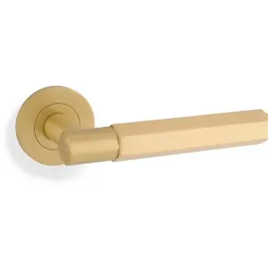 SOLID BRASS Hex Door Handle Set - Satin Brass Industrial Lever Round Rose