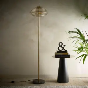 Aspen 2lt Brass and Tiered Amber Glass Floor Lamp