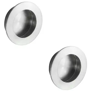 2 PACK - Large Recessed Sliding Door Flush Pull - 80mm Round 12mm Depth Satin Steel