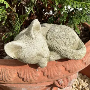 Sleeping Cat Stone Statue Outdoor Kitten Garden Ornament British Made Sculpture