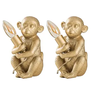 ValueLights Pair Of Monkey Animal Quirky Modern Gold Painted Table Lamps