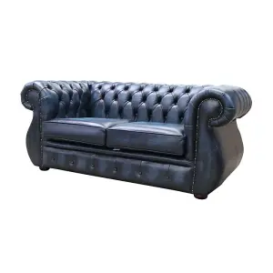 Chesterfield Original 2 Seater Sofa Antique Blue Real Leather In Kimberley Style