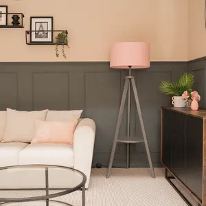 ValueLights Morrigan Grey Wood Tripod Design Floor Lamp with Storage Shelf and Pink Drum Shade