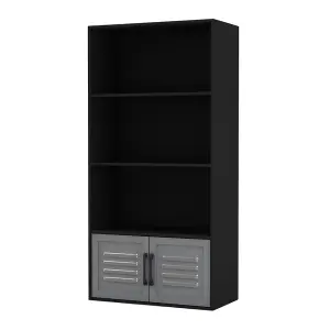 URBNLIVING 4 Tier Black Wooden Bookcase Cupboard With Grey Metal Doors Storage Display Cabinet Unit