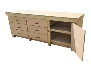 Wooden MDF top workbench, tool cabinet with lockable cupboard (V.3) (H-90cm, D-70cm, L-240cm) double shelf