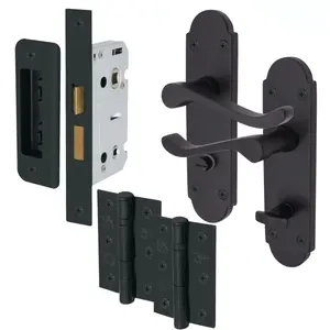 AFIT Matt Black Bathroom Door Handle Set - Victoria Scroll Shaped - 1 Pair of Internal Door Handles, Hinges 76mm & Lock 64mm