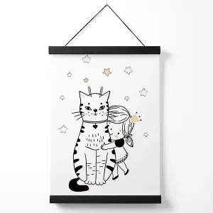 Scandi Princess Little Girl Hugging Cat Medium Poster with Black Hanger