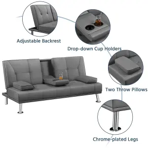 Yaheetech Dark Grey Faux Leather Convertible Sofa Bed with Drop-down Cup Holders and Pillows