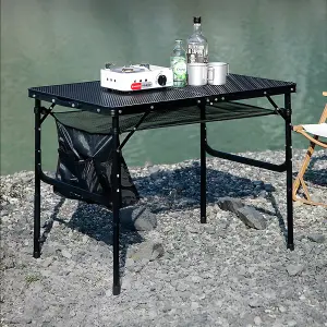 Black Aluminum Alloy Adjustable  Outdoor Folding Camping Table with Mesh Top and Storage Layer 90 cm (W)