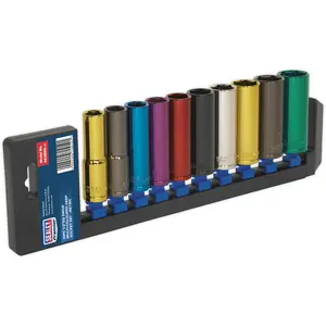 10 PACK Multi Colour DEEP Socket Set 1/2" Metric Square Drive - 6 Pt WallDrive