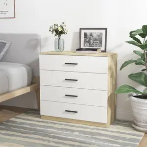 URBNLIVING Height 73cm 4 Drawer Wooden Bedroom Chest Cabinet Modern Oak Carcass and White Drawers Wide Storage Cupboard Closet