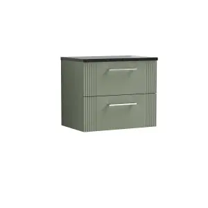 Retro 2 Drawer Wall Hung Vanity Unit with Sparkling Black Laminate Worktop - 600mm - Satin Green - Balterley