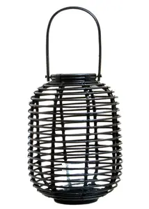 Interiors by Premier Sustainable Small Black Natural Rattan Lantern, Rounded Modern Black Candle Lantern, Versatile Lantern