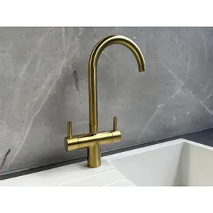 Liquida W03BG Monobloc Swan Neck Twin Lever Brushed Gold Kitchen Mixer Tap