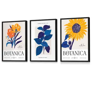 Blue & Yellow Floral Boho Sunflower Wall Art Prints / 42x59cm (A2) / Black Frame