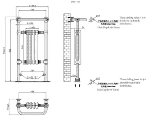 VURTU7 Designer Vertical Period Style Column Radiator, 952(H) x 479(W), Chrome White, 613681