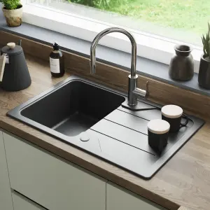 GoodHome Fatali Black Composite quartz 1 Bowl Sink & drainer 500mm x 780mm