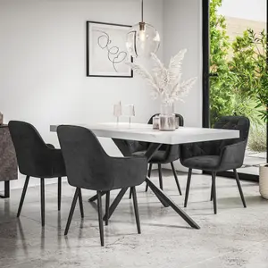 Donni Dining Table And Chairs -  White Marble Effect Table Top w Black Legs + Anika Velvet Dining Chair Set Of 6 (Black)