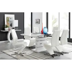 Renne Modern High Gloss Extendable Dining Table Set With 6 Modern Design Faux Leather Dining Chairs White