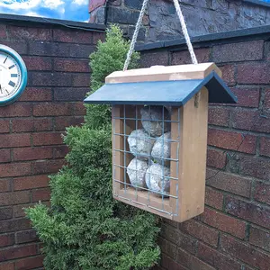 Wooden Suet Ball or Cake Bird Feeder with Slate Roof, Metal Cage & Hanging Cord - Outdoor Garden Wild Bird Feeding Station