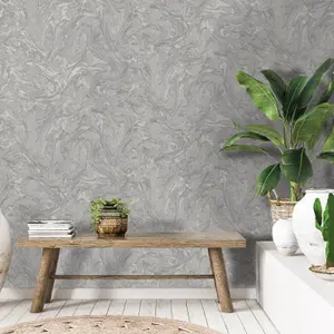 Holden Liquid Marble Swirl Effect Glitter Metallic Shimmer Textured Wallpaper Grey 50436