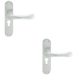 2 PACK - Rounded Smooth Latch & EURO Lock Door Handle - Satin Chrome Lever on Backplate