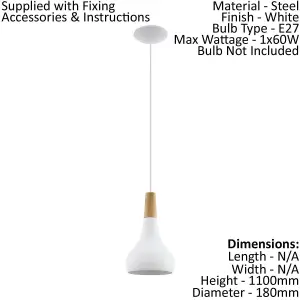 Pendant Ceiling Light Colour White Pear Shape Shade Brown Wood Bulb E27 1x60W