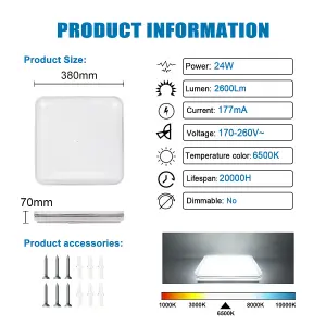 24W LED Square Ceiling Light, daylight 6500K, 2600 Lumen