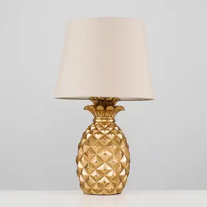 ValueLights Contemporary Pineapple Design Table Lamp In Gold Effect Finish With Beige Shade LED Golfball Bulbs 3000K Warm White