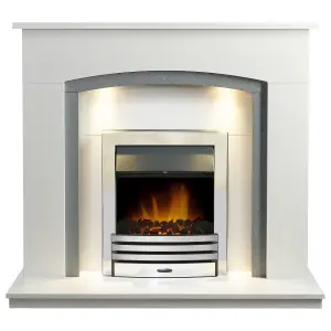 Adam Savanna Fireplace in Pure White & Grey with Downlights & Eclipse Electric Fire in Chrome, 48 Inch