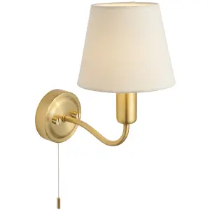 Bathroom Wall Light Fitting - Satin Brass Plate & Ivory Fabric Shade - Modern