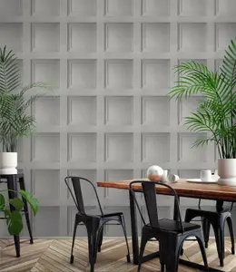 Grey Wooden Panel 3D Effect Realistic Square Panelling Smooth Flat Wallpaper