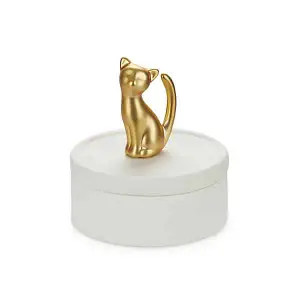 White Porcelain Gold Kitten Cat Feline Statuette Jewellery Trinket Box