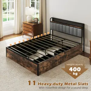 COSTWAY Double Size Metal Bed Frame with LED Lights & 4 Storage Drawers