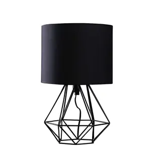 ValueLights Angus Modern Black Metal Basket Cage Bed Side Table Lamp with Black Fabric Shade with LED Golfball Bulb In Warm White