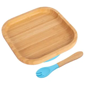 Bamboo Square Baby Weaning Plate & Fork Set - Blue