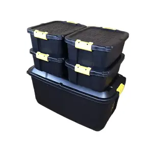 1 x 145L AND 4 x 24L Heavy Duty Trunks 1 on Wheels Sturdy, Lockable, Stackable and Nestable Design Storage Chest Clips in Black