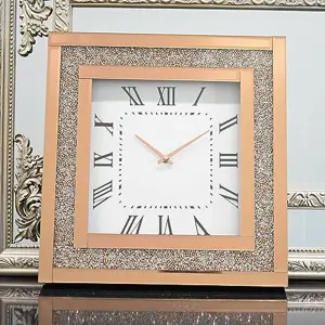 Glamorous Rose Gold Crushed Crystal Mirrored Wall Clock Square Silent