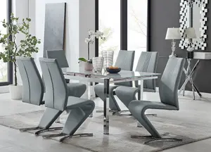 Furniturebox UK 6 Seater Dining Set - Enna White Glass & Chrome Extendable Dining Table & Chairs - 6 Grey Leather Willow Chairs