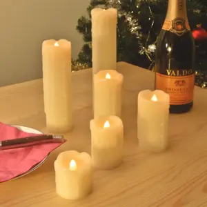 6 x Cream Real Wax Led Pillar Candles - Battery Powered Faux Flickering Light Home Decorations - H5-23cm